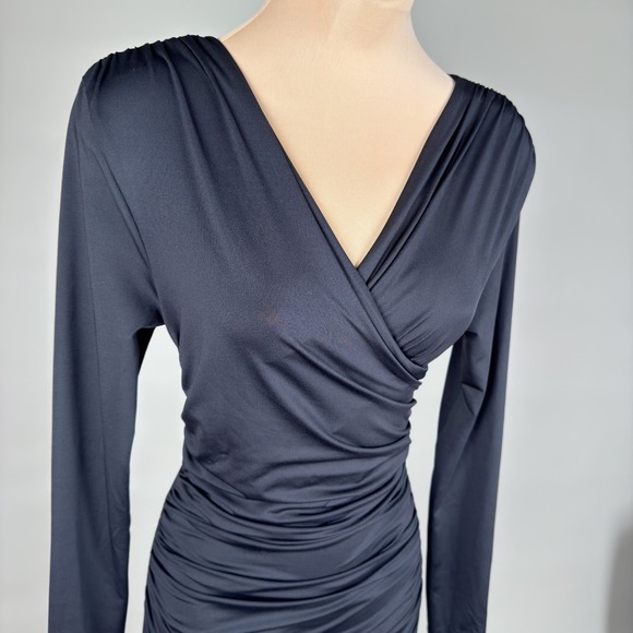 H&M Divided Black Long Sleeve Ruched Wrap V Neck Bodycon Mini Dress Size S - Picture 2 of 6